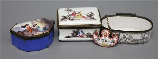 Three 18th / 19th century enamel on copper snuff boxes and a similar label